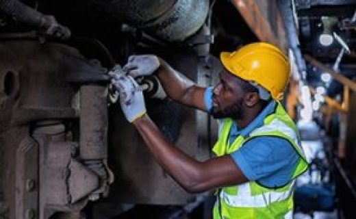 Engineer railway wearing safety gear checking train transmittal system for safety travel passenger